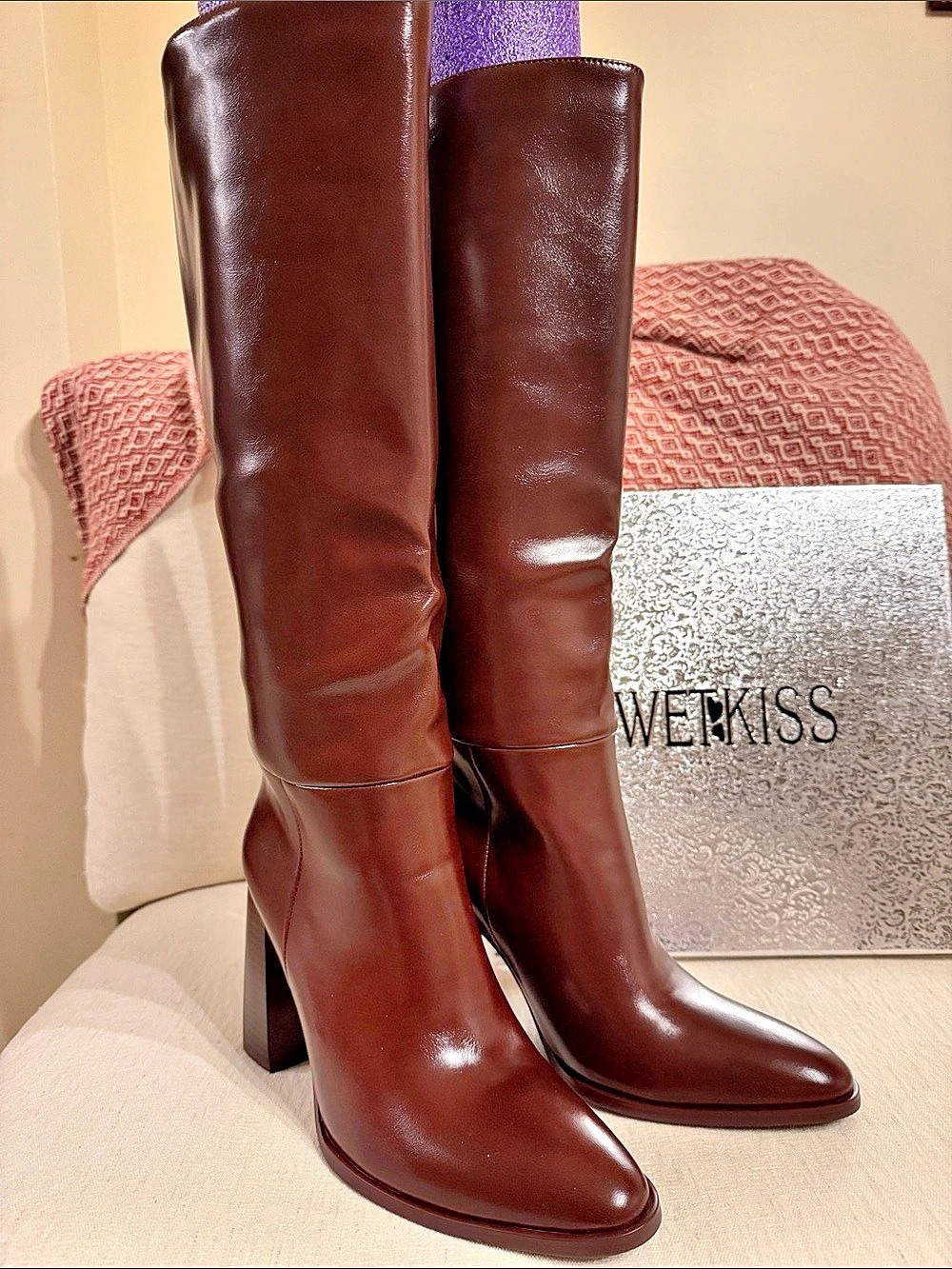 Wetkiss Brown Knee-High Heeled Boots Vegan Leather